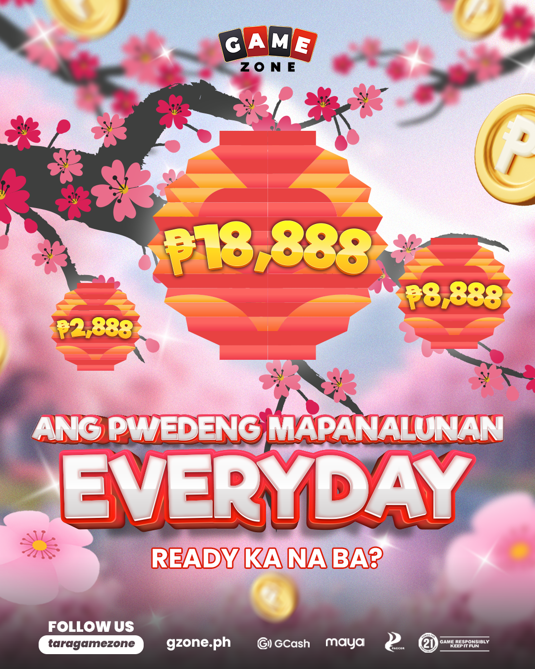 Colorful promotional poster for a game zone with pink cherry blossoms and lanterns, featuring large prize amounts of 18,888 pesos, 8,888 pesos, and 2,888 pesos. Text in Filipino promotes daily chances to win and encourages participation.