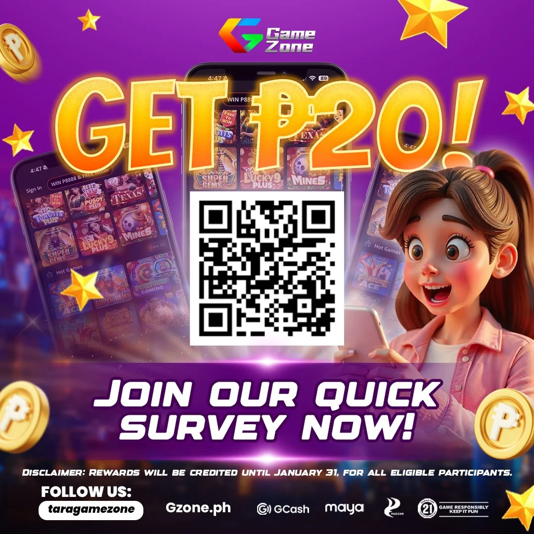Promotional graphic from Game Zone offering a chance to get 20 pesos by joining a quick survey via a QR code. The background features smartphones displaying gaming apps, with animated stars and coins. A cartoon girl looks excited at her phone, and th