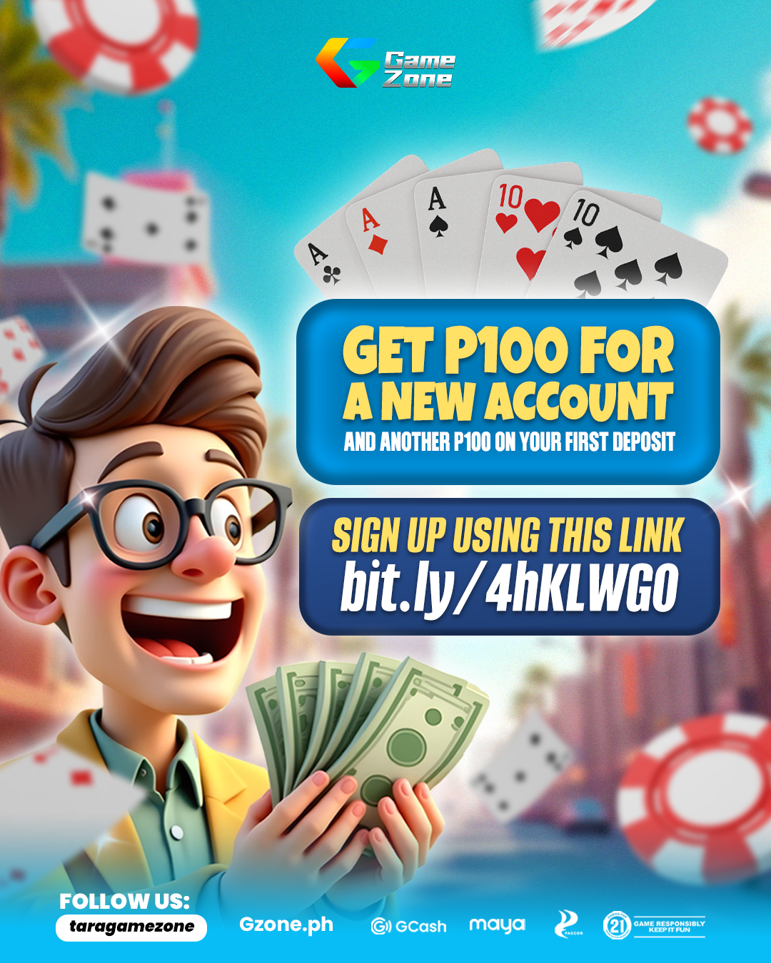 Promotional graphic for a gaming platform with cartoon character holding money, playing cards, poker chips, and casino elements, advertising sign-up bonuses.
