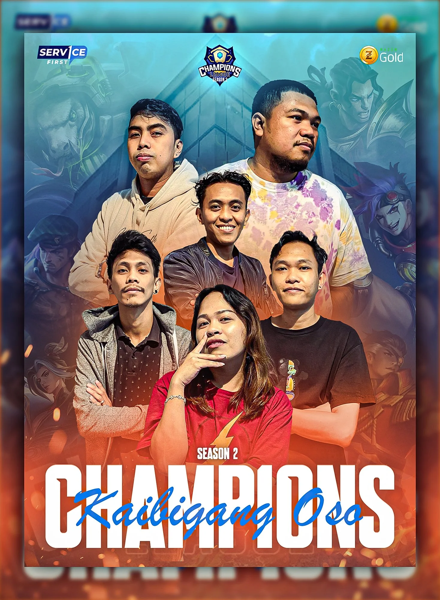 A promotional poster for show season 2 involving a group of seven young people with a gaming or eSports theme, featuring animated characters in the background and text stating "Champions" and "Kadabagang Osa."