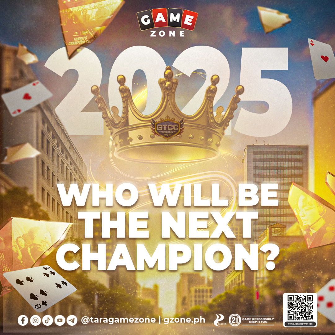 Promotional poster for 2023 Game Zone event with large white text asking, 'Who will be the next champion?' and a gold crown with the GTCC logo. The background shows a cityscape with floating playing cards and scattered paper planes, and a sunset sky.