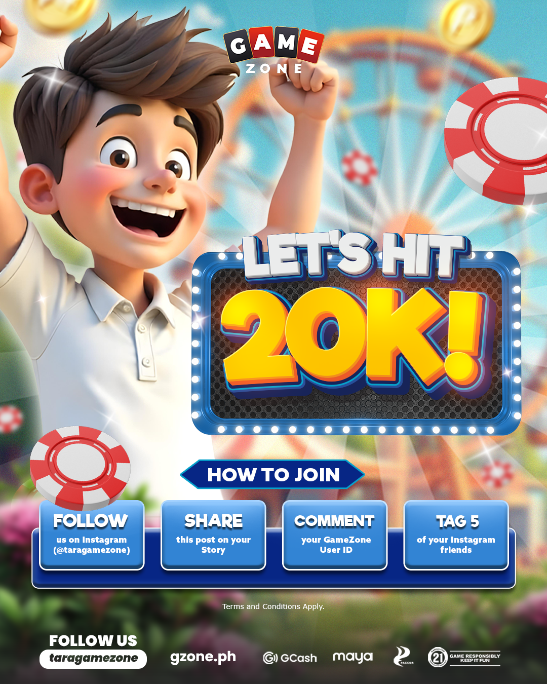 Colorful amusement park background with a smiling cartoon boy in a white polo shirt, holding a sign that says 'LET'S HIT 20K!' in bold, colorful letters. There are Ferris wheels and arcade tokens surrounding him. The image includes instructions for j