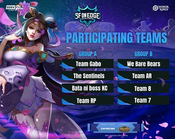 Graphic displaying participating teams for SF Onedge gaming event, with Team Gabo, The Sentinels, Bata ni boss KC, and Team RP in Group A; and We Bare Bears, Team AR, Team 8, and Team 7 in Group B.