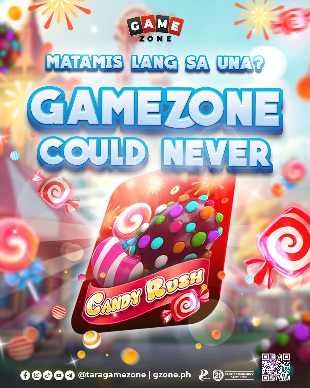 An advertisement for a game zone called 'Candy Rush' with colorful candies and lollipops. The text asks, 'What is in this image? Answer in American English.' Smoky, sparkly background with carnival-like decorations.