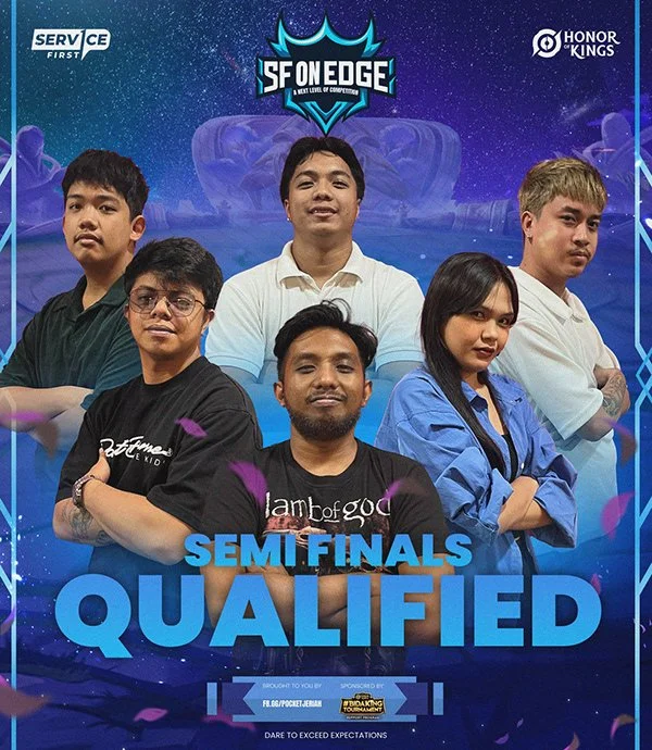 Group of six young participants standing in front of a blue and purple graphic background with the SF On Edge logo, announcing semi-final qualification in an esports tournament.