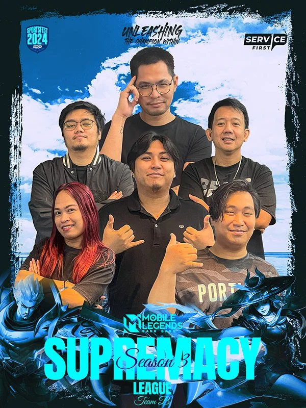 Group of six people posing in front of a blue sky backdrop with clouds, with promotional artwork for Mobile Legends and text including "Super Legacy Season 3."