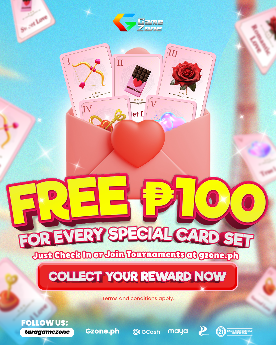 An advertisement for a Valentine's Day promotion offering free P100 for every special card set at G-Game Zone. The image features pink and red love-themed cards, an envelope with a heart, and the G-Game Zone logo. The text encourages checking in or j