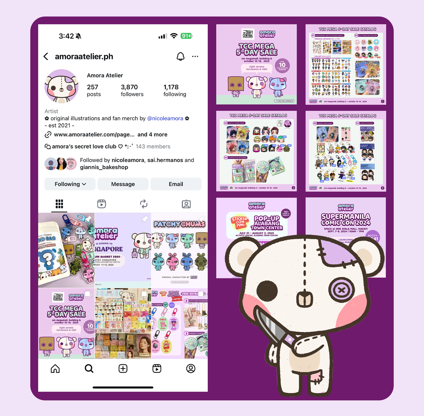 Instagram profile page of Amora Atelier and a collage of various promotional images for the store's sale and merchandise, including cute character stickers and event posters, with a cartoon character holding a knife in front.