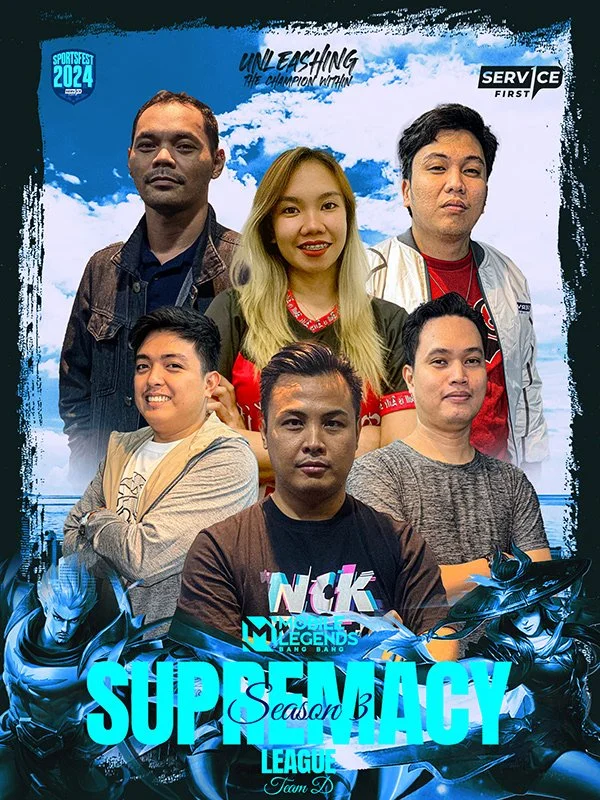 Poster for Super League Season 8 featuring six diverse individuals, with a blue sky and clouds background, promoting esports with logos for SportsFest 2024 and Service First, and popular characters from Mobile Legends showing in the lower corners.