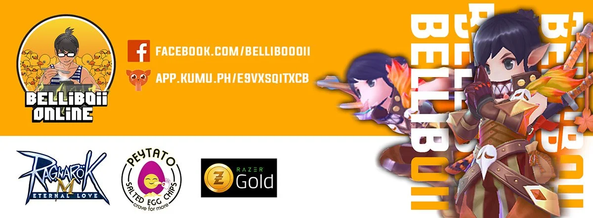 Digital banner with cartoon characters and gaming logos, including Ragnarok, Petato, and Razer Gold, promoting Belliboi Online.