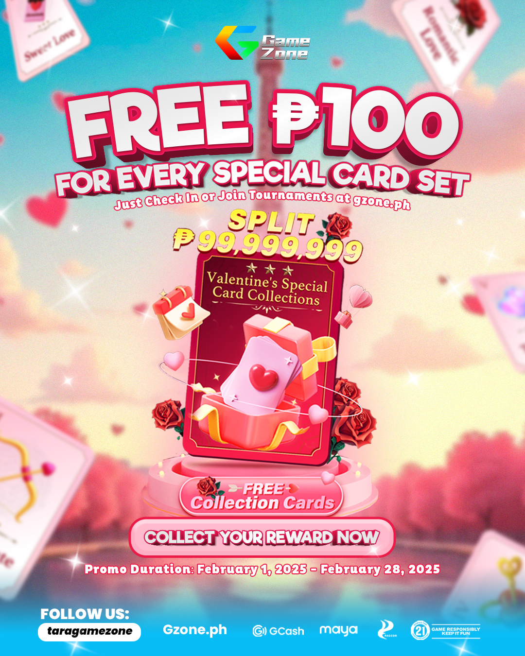 A promotional poster advertising free ₱100 for every special card set in a game zone. The poster has a Valentine’s Day theme with pink hearts, roses, and love-themed cards, and features a large smartphone display with Valentine’s card collections. Th