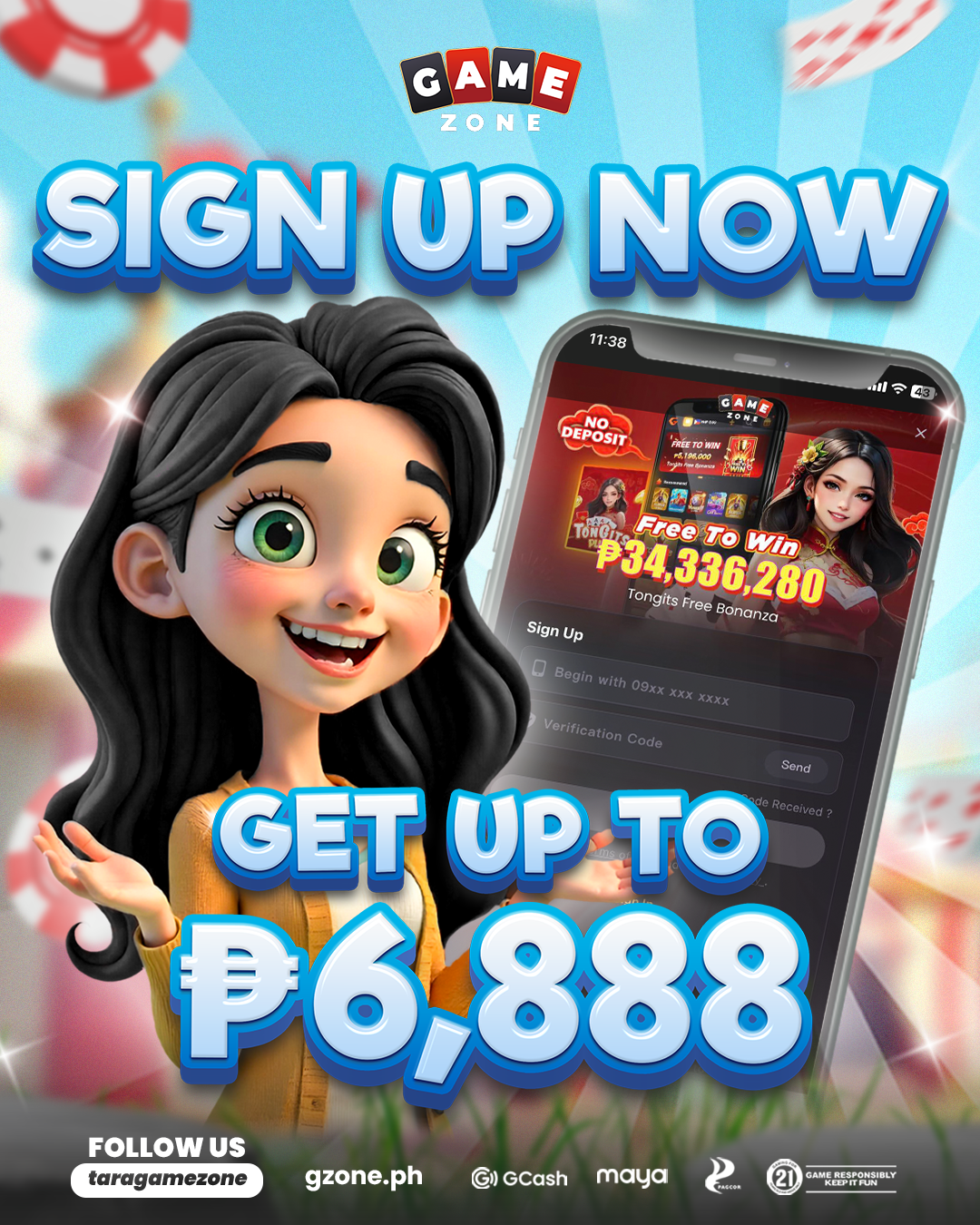 A promotional advertisement for a game zone encouraging sign-ups with prizes up to 6,888 Philippine pesos. The ad features a cheerful animated girl with large green eyes and long dark hair, pointing to a smartphone screen displaying a sign-up page, a