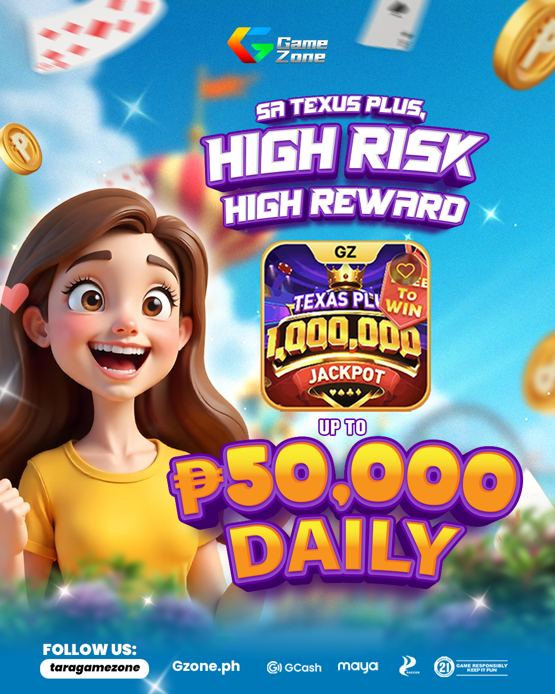 Advertisement for Game Zone promoting a high-risk, high-reward game with a daily payout of up to 50,000 pesos. Features a cartoon girl with brown hair, colorful game graphics, and images of coins and jackpot icons.
