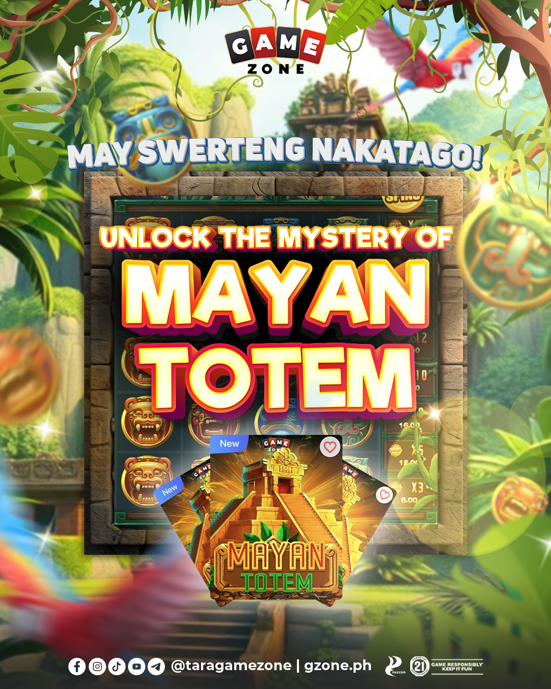 Promotion for a Mayan-themed mobile game featuring a Mayan temple and totems, with colorful jungle background and game icons.