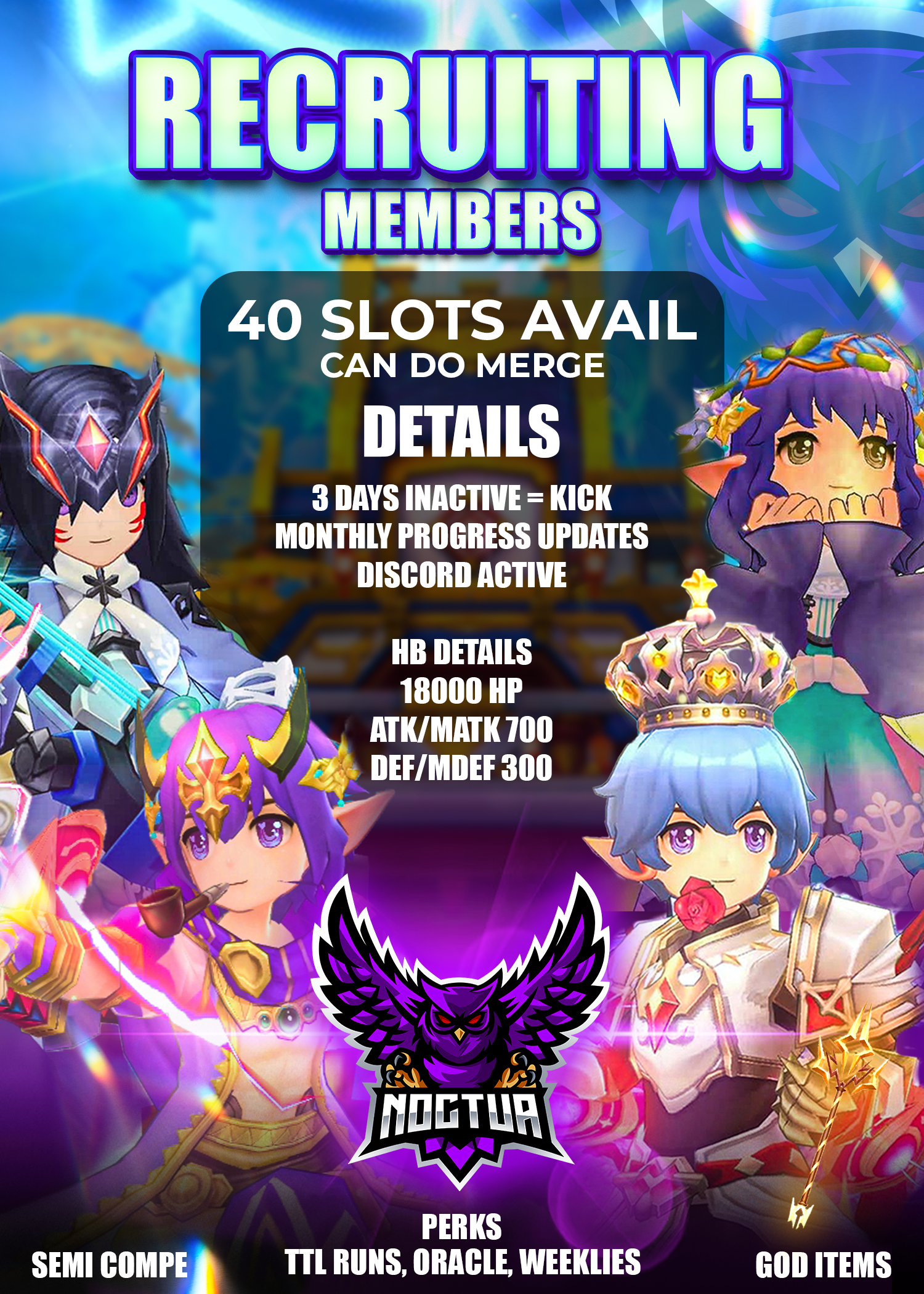 A colorful digital advertisement promoting recruiting members for a gaming clan called Noctura, featuring animated characters and details about clan benefits and requirements.
