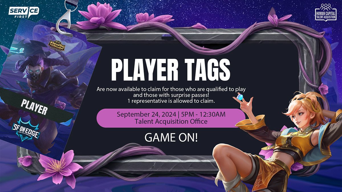 Announcement for a player tag event on September 24, 2024, from 5 PM to 12:30 AM at the Talent Acquisition Office. The event involves claiming player tags for those qualified to play and with surprise passes. The background features a digital illustr