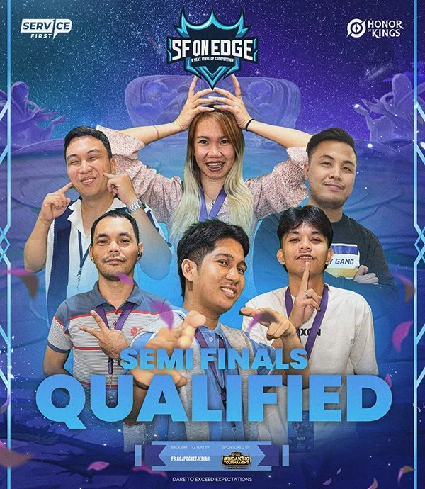 Group of six young individuals celebrating a semi-finals qualifying victory at SF On Edge esports event, with a colorful digital background and event logos.