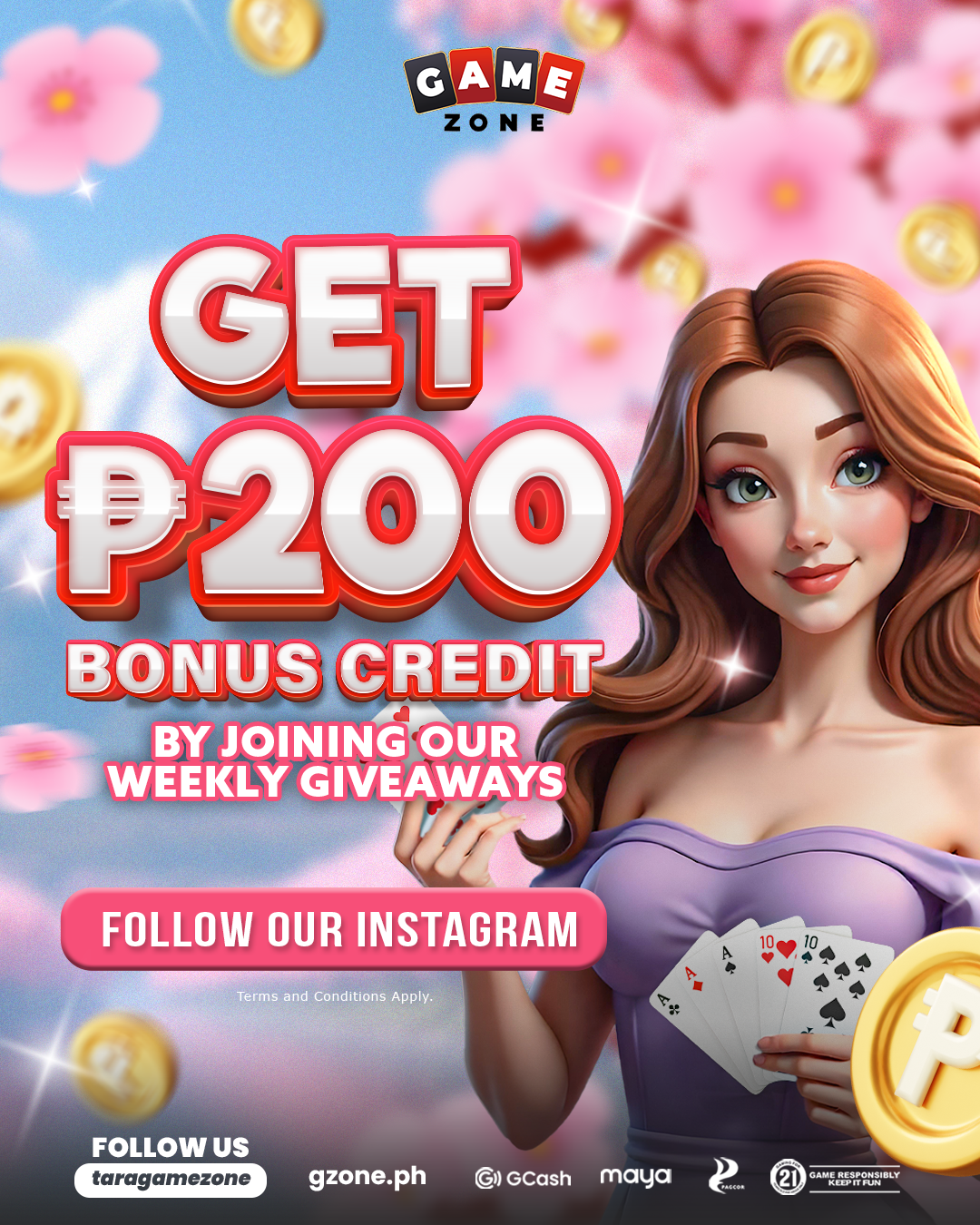 Promotional poster from Game Zone advertising a bonus credit offer of 200 pesos for joining weekly giveaways. The poster features a cartoon woman with long brown hair holding a fan of playing cards, surrounded by pink flowers, gold coins, and a pink 