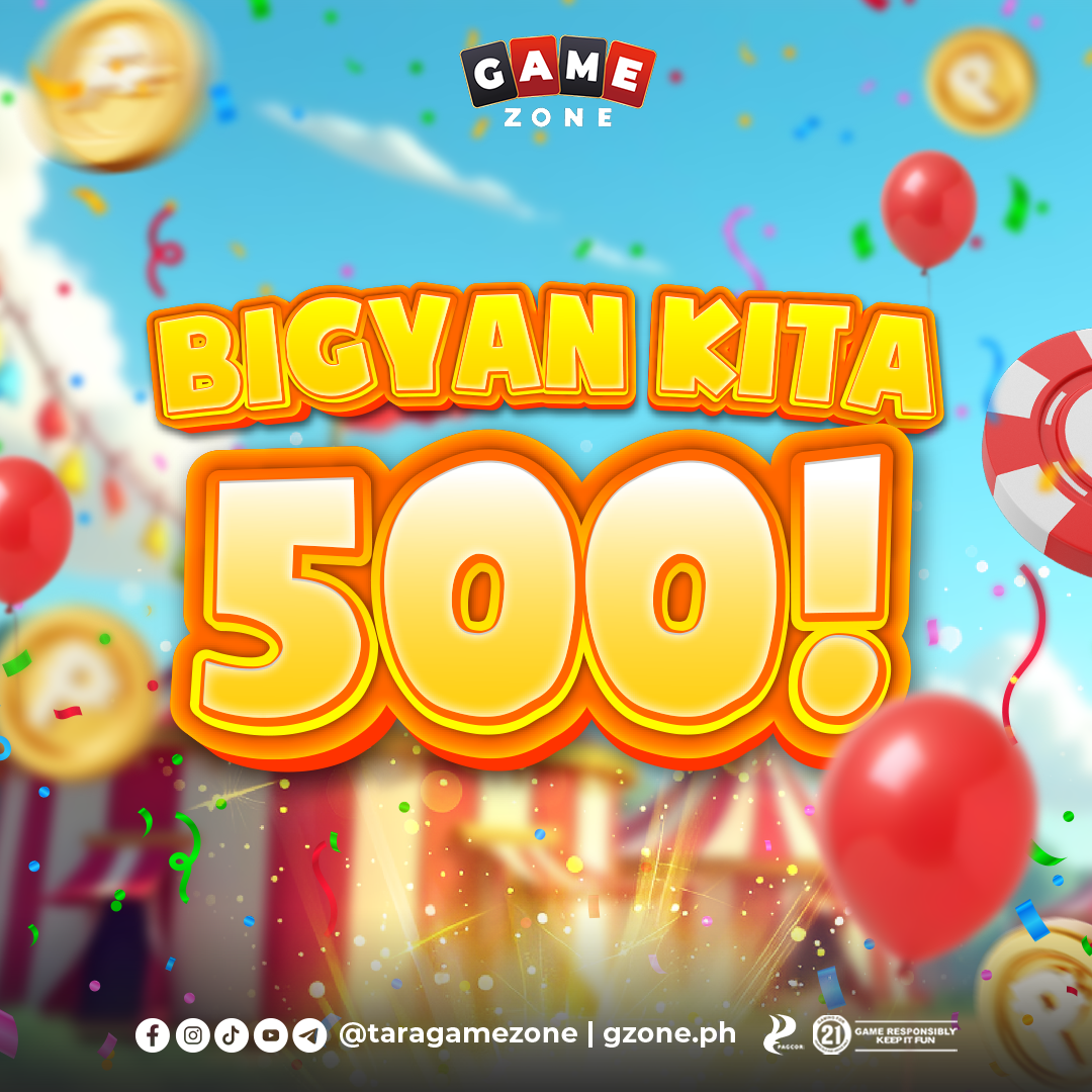 Celebration poster with balloons and confetti, announcing a prize of 500 pesos from Bigyan Kita at Game Zone.