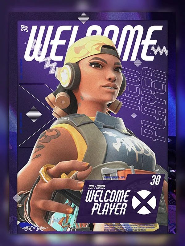 A promotional poster featuring a female Fortnite character with a yellow bandana, headphones, and tattoos, holding a smartphone. The background has a purple theme with text that reads "Welcome Player" and "Welcome".