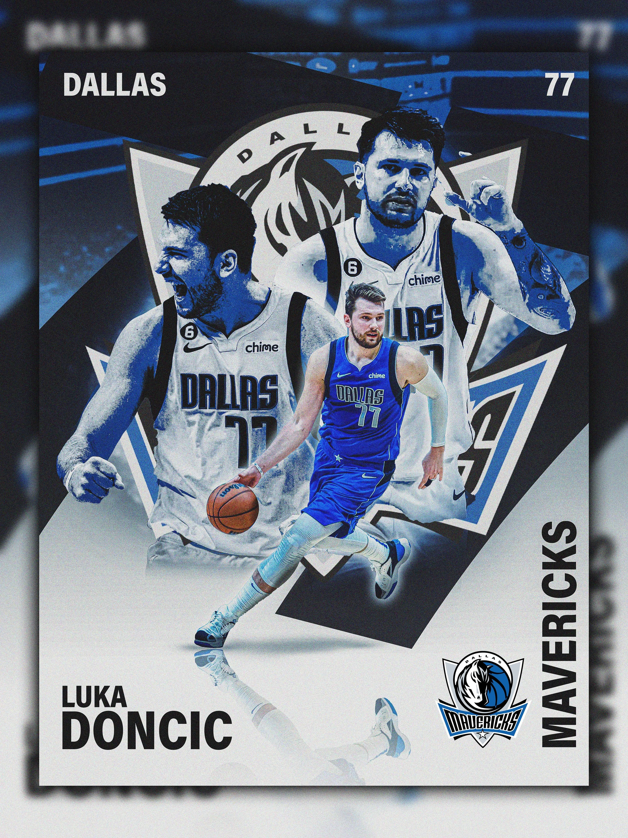 Poster featuring Luka Dončić of the Dallas Mavericks, showing multiple images of the player in action and celebrating, with the Mavericks logo in the bottom right corner.