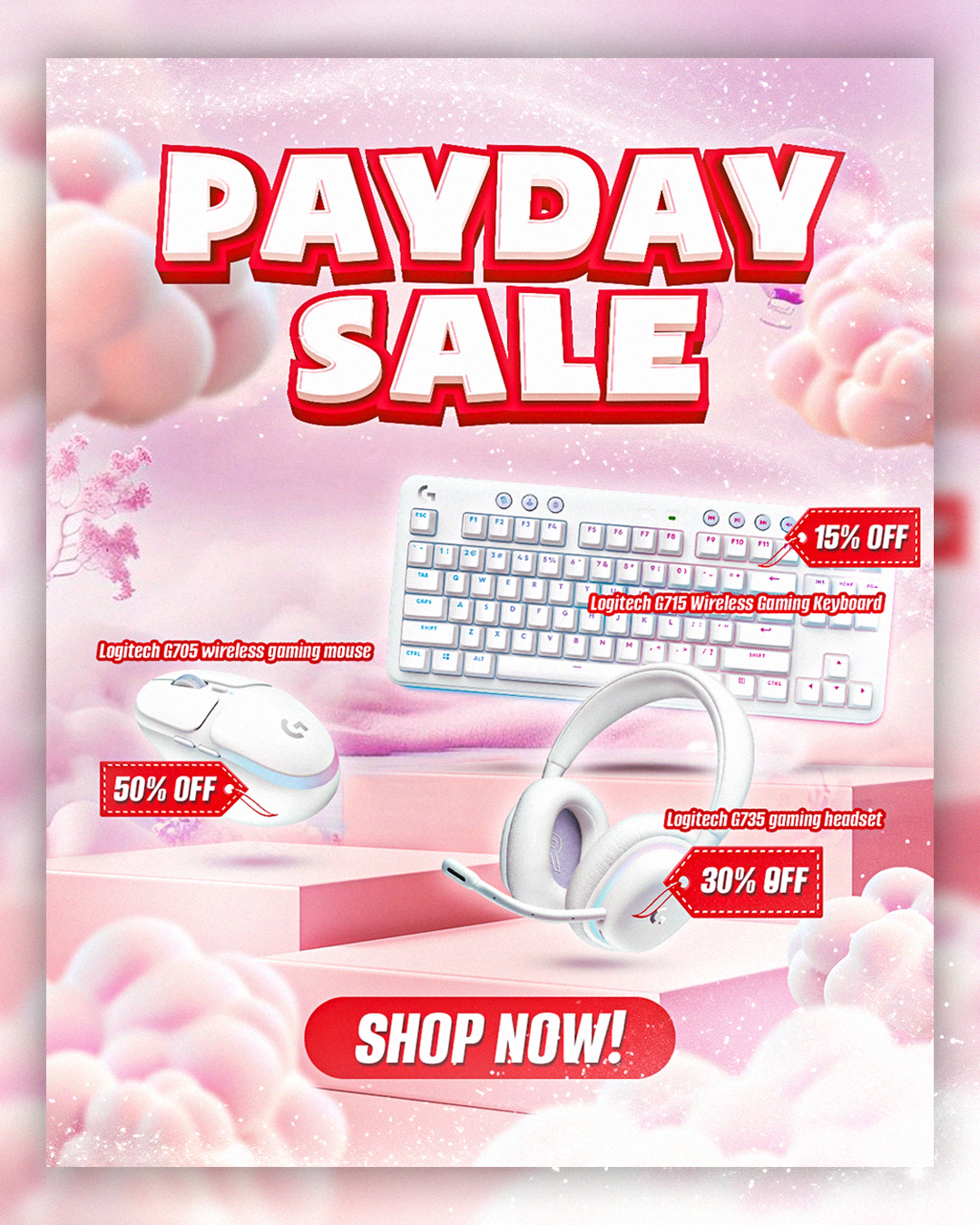 Pink-themed advertisement for a payday sale featuring a wireless gaming keyboard, mouse, and headset with discount tags.