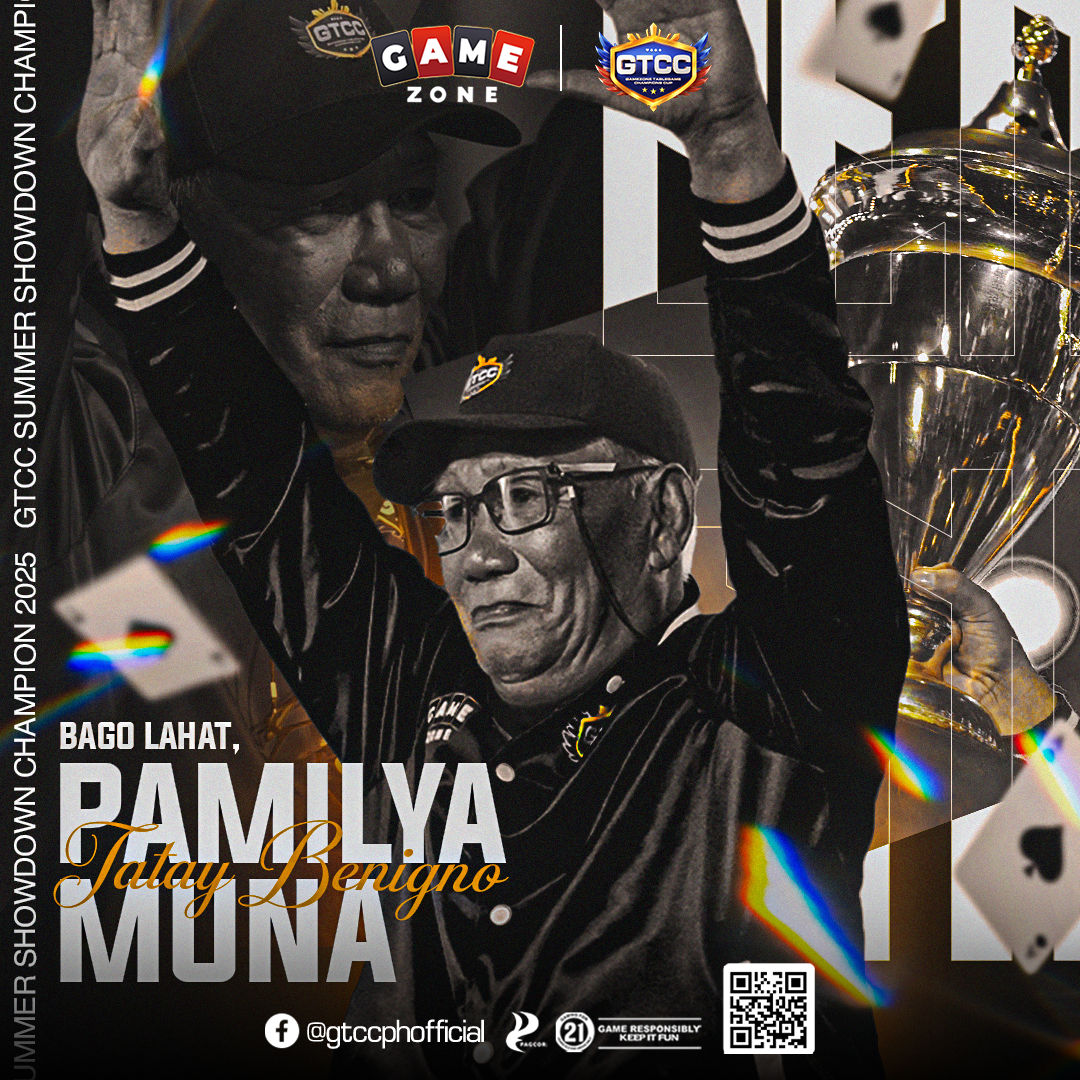 Celebration of Bago Lahat, Pamilya Muna by Talay Benigno at GTCC Summer Showdown Championship 2025, featuring two men in caps celebrating with trophies and confetti, with logos and event details.