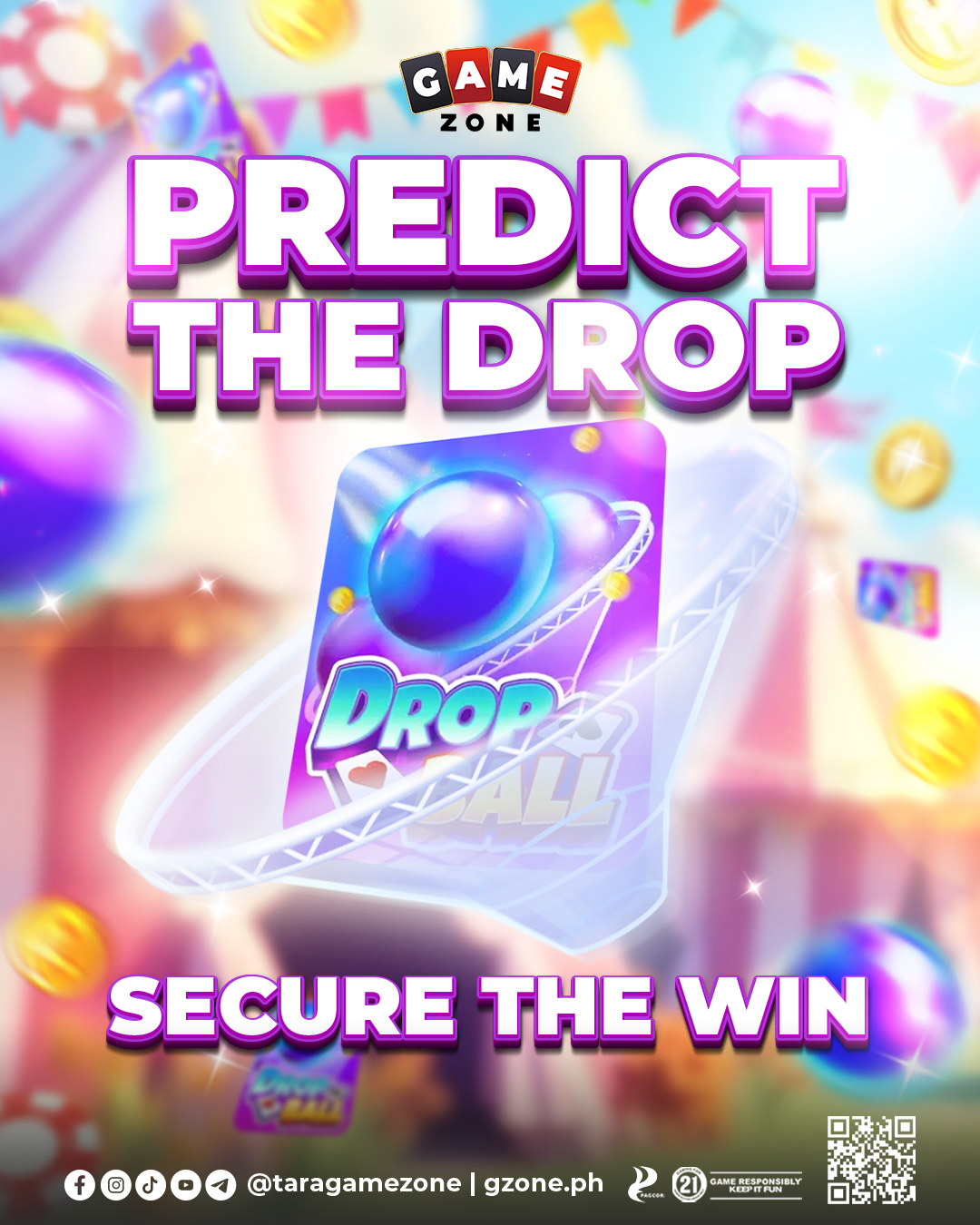 Colorful promotional poster for the game zone with the message 'Predict the Drop, Secure the Win', featuring digital graphics of a purple sphere and a game card labeled 'Drop' surrounded by floating coins and vibrant background elements.