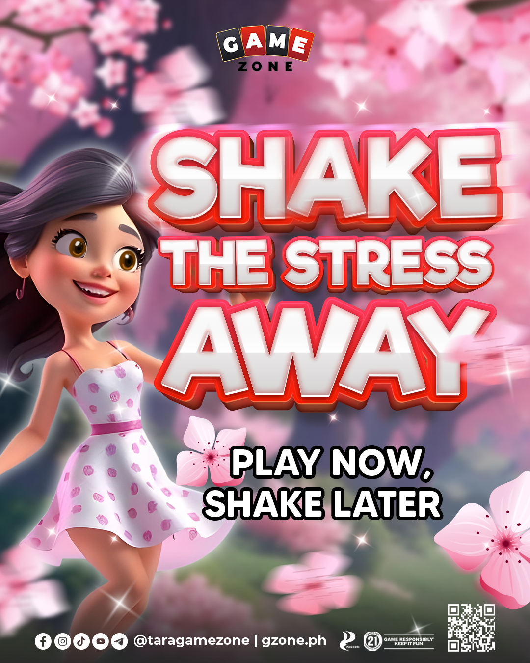 A colorful poster for a game called 'Shake the Stress Away' at Game Zone. Features a cartoon girl with long black hair wearing a white dress with pink polka dots, set against a pink floral background. The poster encourages playing now and shaking lat