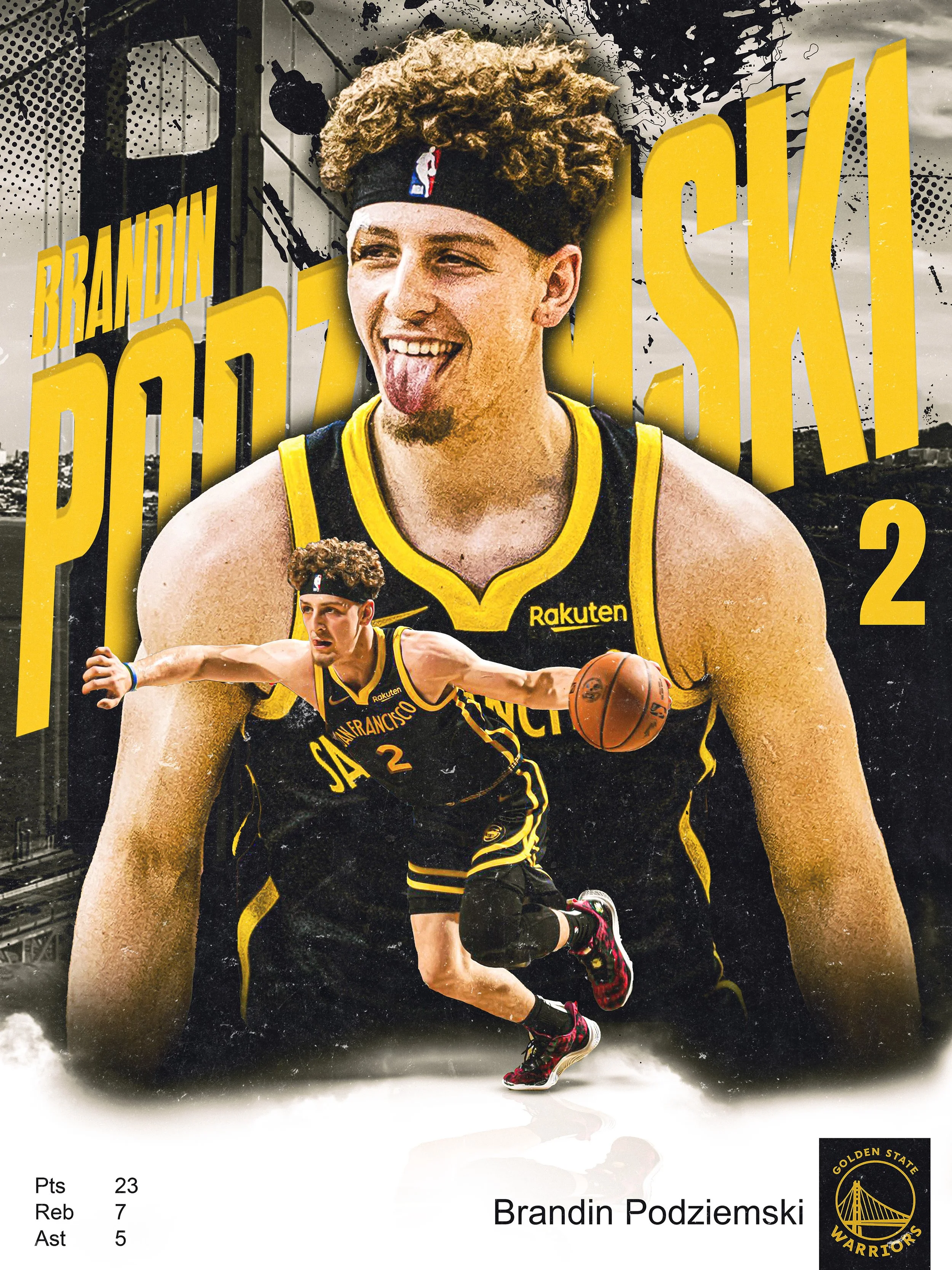 Poster of basketball player Brandin Podziemski of the Golden State Warriors, with images of him in a game and a large portrait, including his stats and team logo.