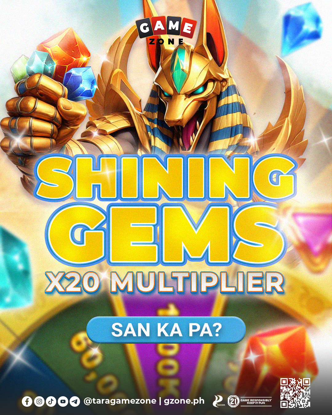 Colorful game advertisement featuring a golden Sphinx-like creature with a lion's face and Egyptian headdress holding a glowing gemstone. The text reads 'Shining Gems X20 Multiplier' with a blue button labeled 'San Ka Pa?', and logos for social media