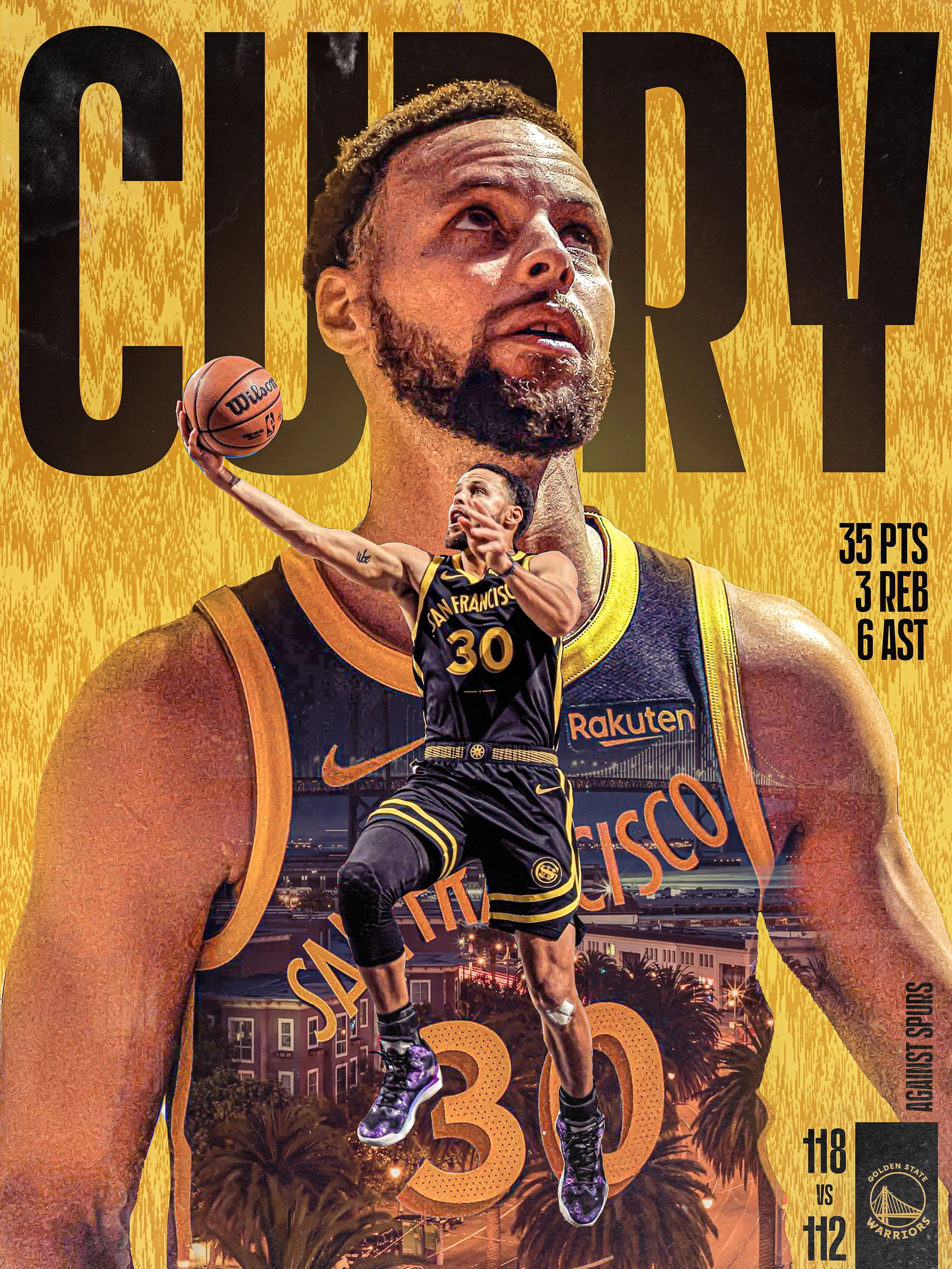 Graphic featuring basketball player Stephen Curry in a Golden State Warriors jersey with prominent text showing his name and stats, overlaid with a smaller image of him playing basketball, set against a background of San Francisco scenery.
