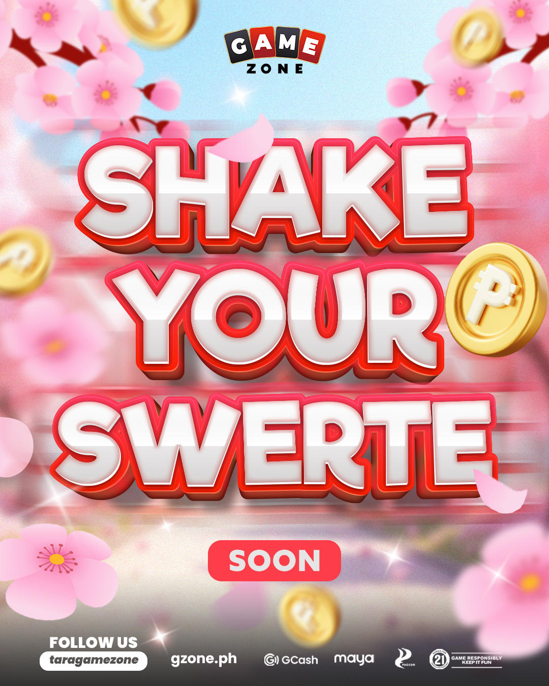 Promotional graphic for a game, featuring the text 'Shake Your Swerte' in large, bold, 3D letters with cherry blossom flowers and coins with the Philippine peso symbol in the background, and a red label with 'Soon' at the bottom.