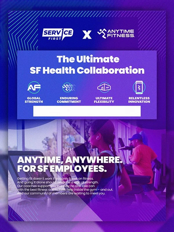 A promotional poster for a collaboration between Service First and Anytime Fitness, emphasizing health and fitness for employees with slogans about strength, commitment, flexibility, and innovation.