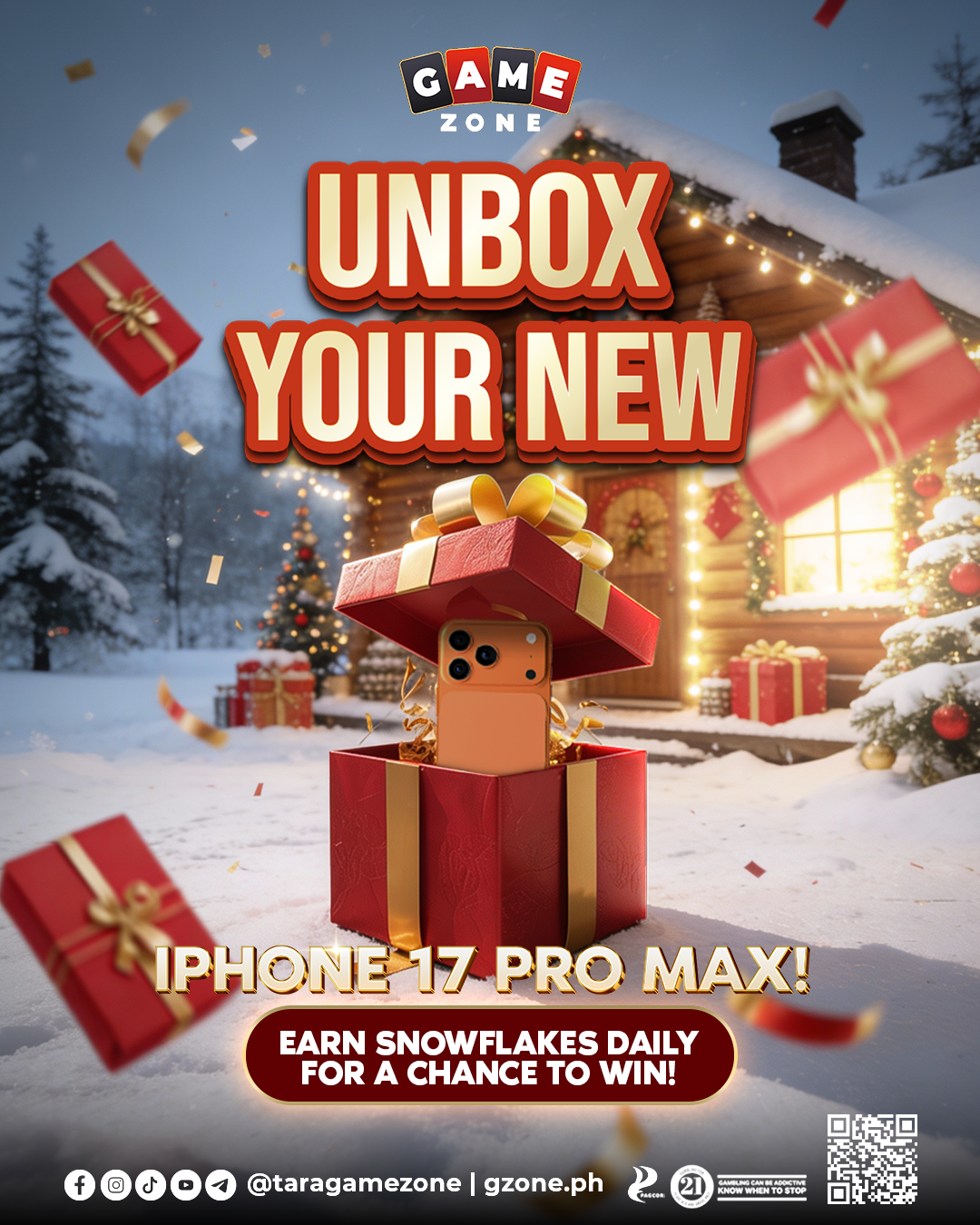 A promotional graphic for Game Zone's Christmas event shows a snow-covered house decorated with Christmas lights, surrounded by Christmas trees and presents. An iPhone 17 Pro Max is emerging from a large red gift box with a golden ribbon, with more w