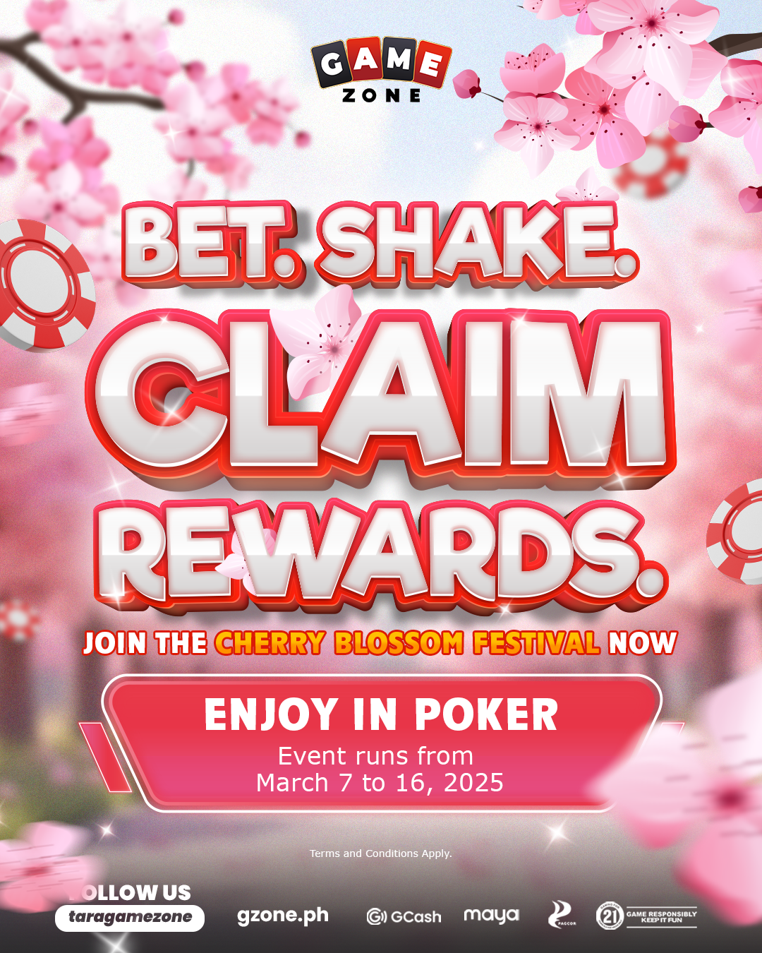 Advertisement poster for a poker event with cherry blossom festival theme, featuring pink cherry blossoms, poker chips, and bold red and white text promoting a rewards program from March 7 to 16, 2025.