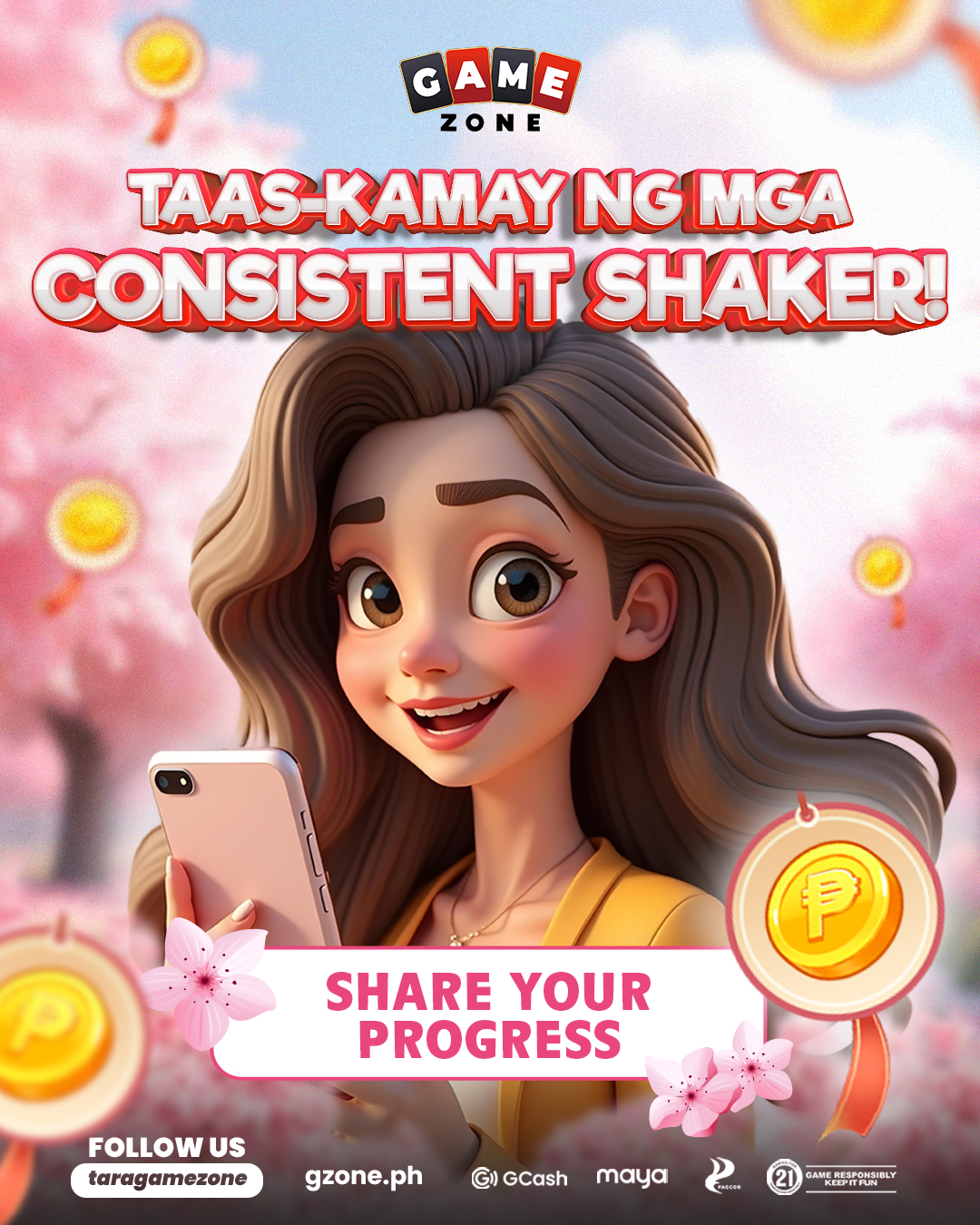 A cartoon girl with long brown hair smiling and holding a smartphone, with pink cherry blossoms and floating coins in the background, promoting sharing progress in a game.