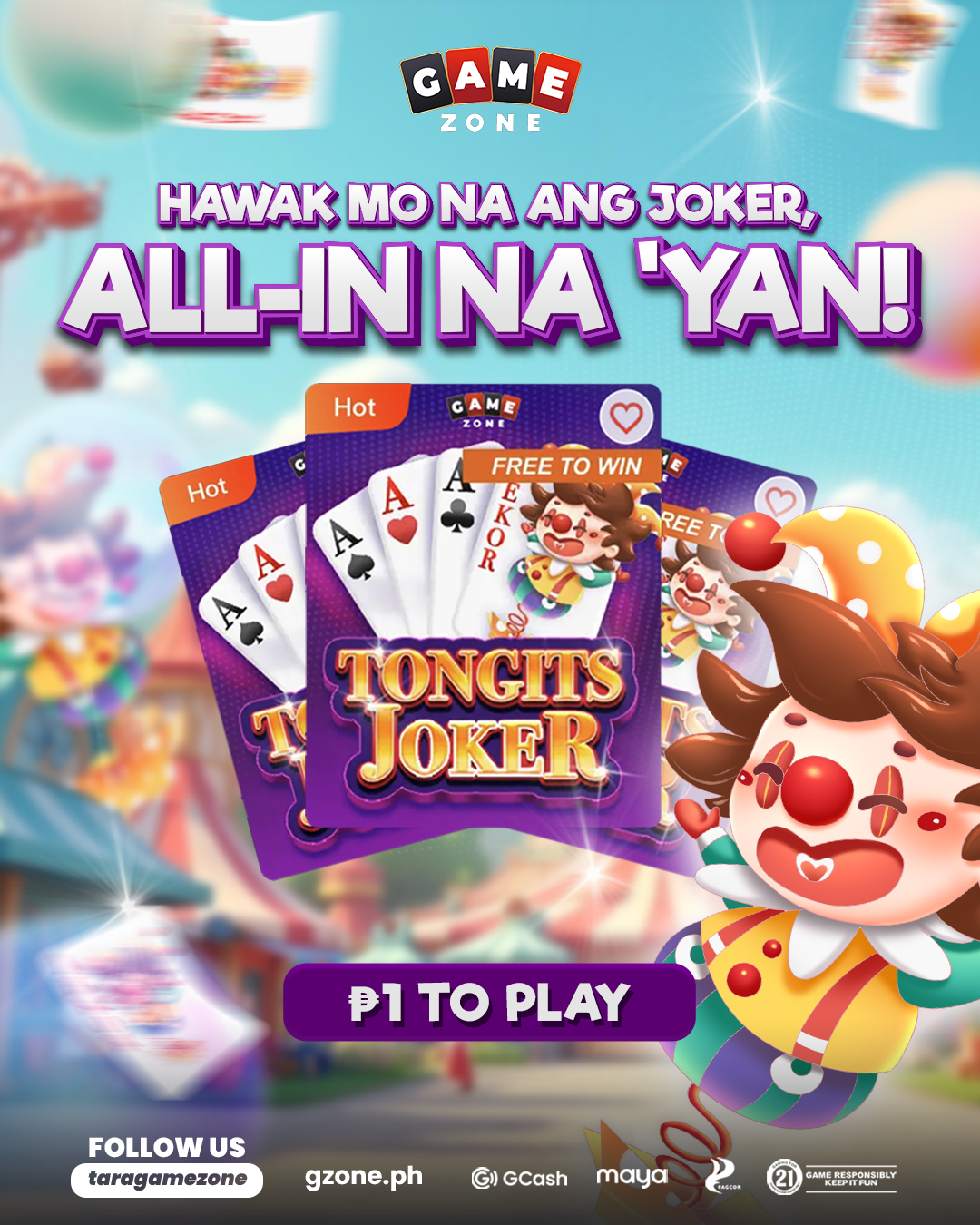 Promotional poster for a game called TONGITS JOKER, featuring playing cards with four aces, a joker character, and colorful carnival background. The poster includes text in Filipino and mentions a 1 peso entry fee.