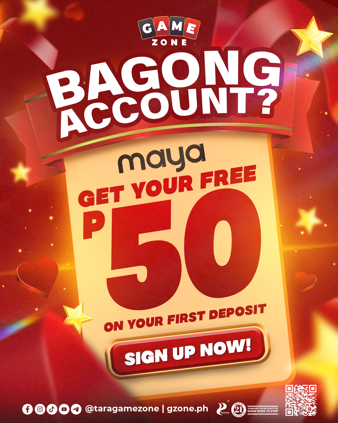 Promotional poster for Game Zone offering a free 50 pesos on first deposit with sign-up. Bright red and yellow design with stars, hearts, and social media icons at the bottom.