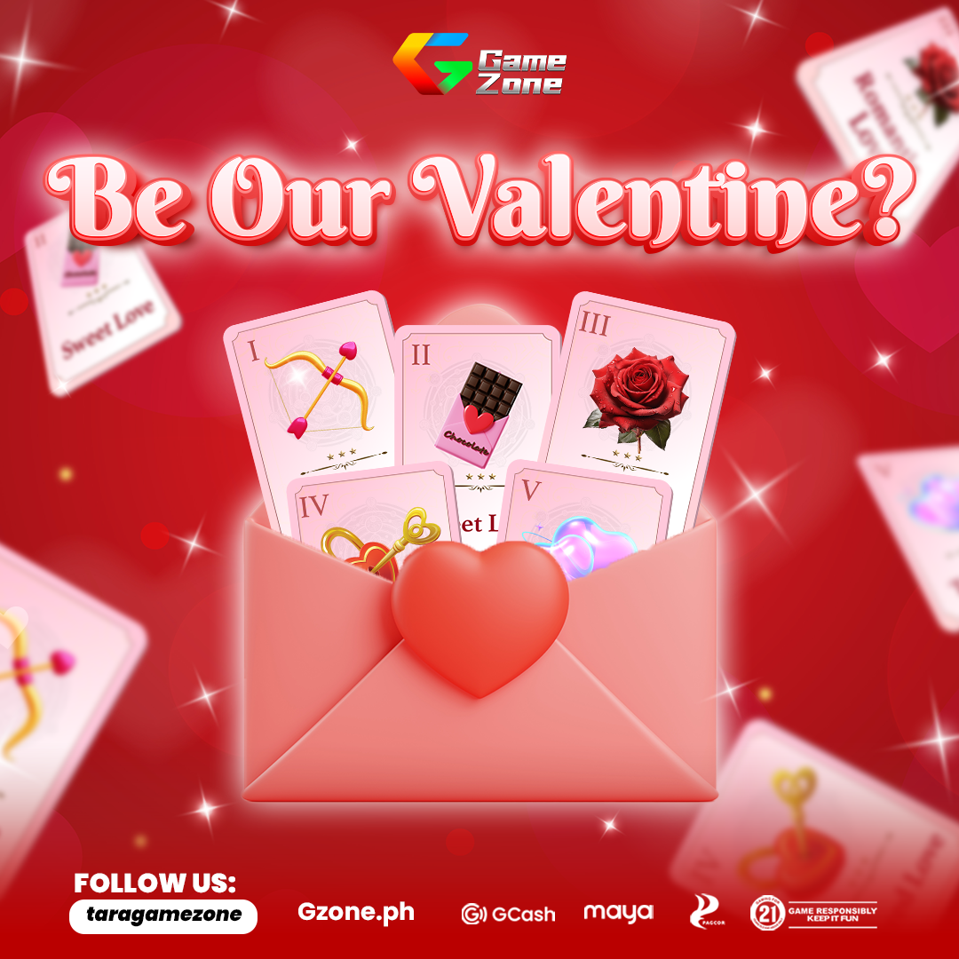 A Valentine's Day themed promotional poster with an open pink envelope containing four playing cards with romantic symbols, a heart-shaped candy, and glowing effects on a red background, advertising Game Zone's Valentine's Day campaign.