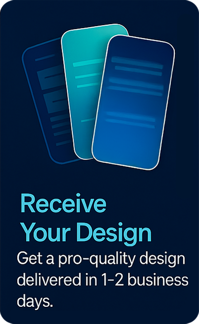 Illustration of three smartphones with text promoting professional design services, saying 'Receive Your Design' and 'Get a pro-quality design delivered in 1-2 business days'.