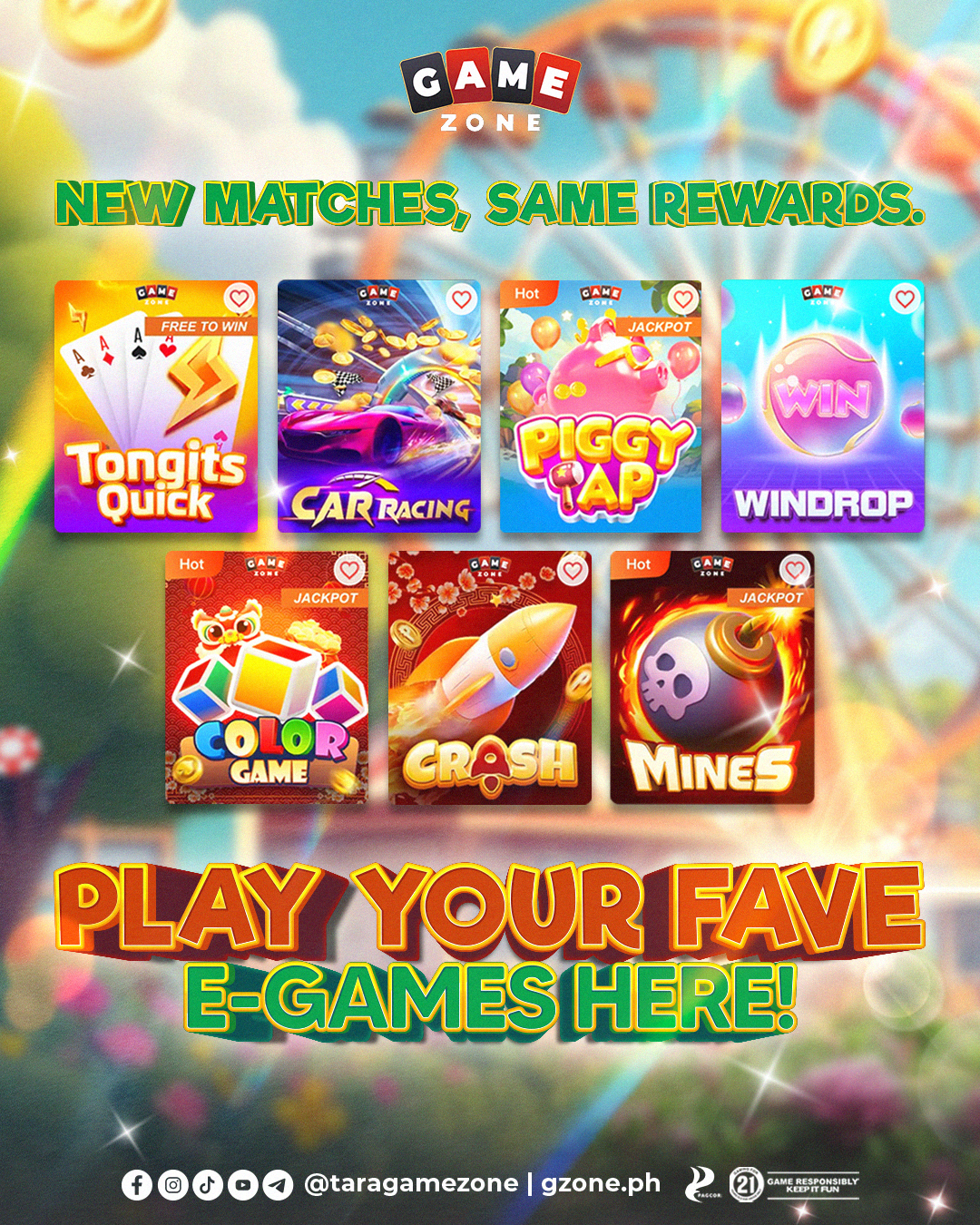 A colorful advertisement for Game Zone app featuring various mobile games like Tongits Quick, Car Racing, Piggy Tap, WindDrop, Color Game, Crash, and Mines. The background is a blurred amusement park with a Ferris wheel, with bright, vibrant text enc