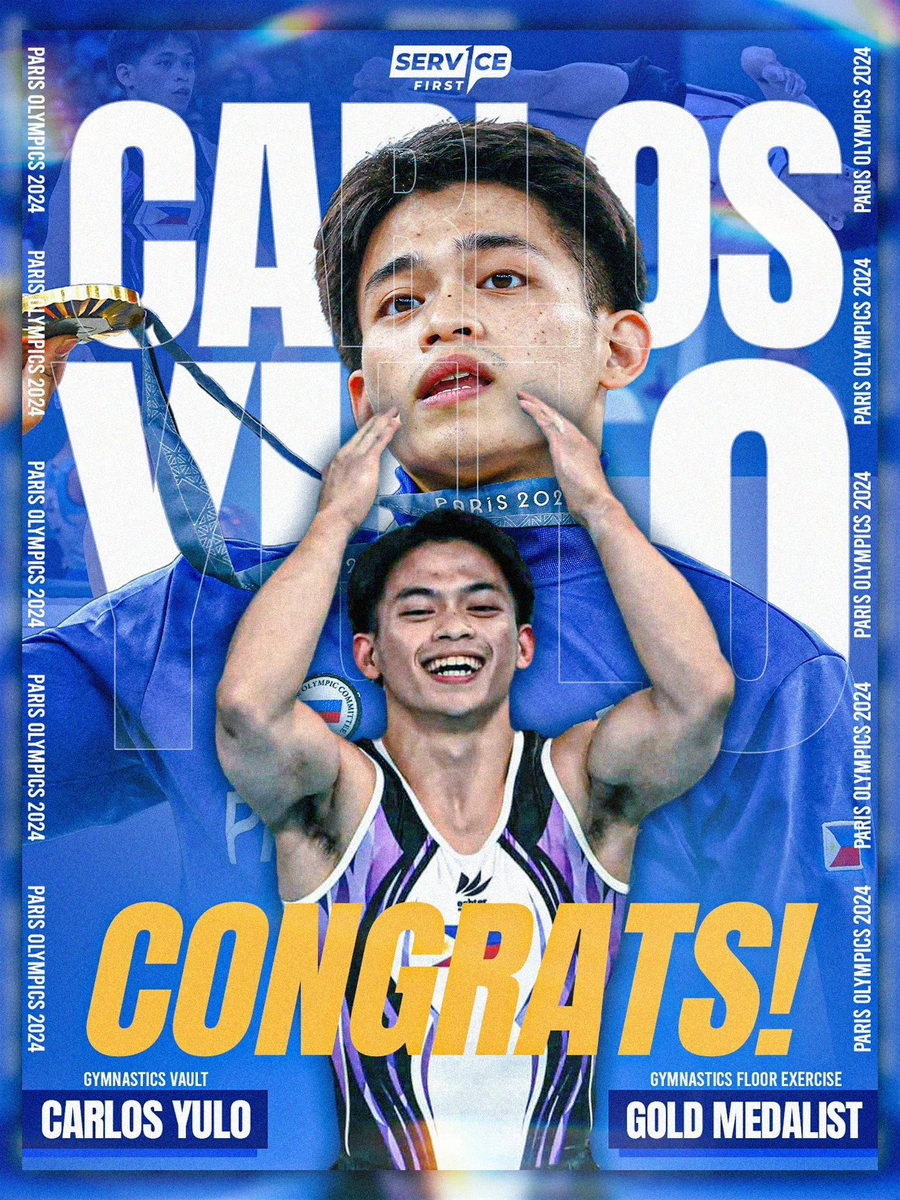 Celebratory poster featuring gymnast Carlos Yulo and his gold medal at the 2024 Paris Olympics, with a large image of Yulo in a black and white athletic leotard, smiling and waving, against a blue background with the text 'CONGRATS!', and a smaller i