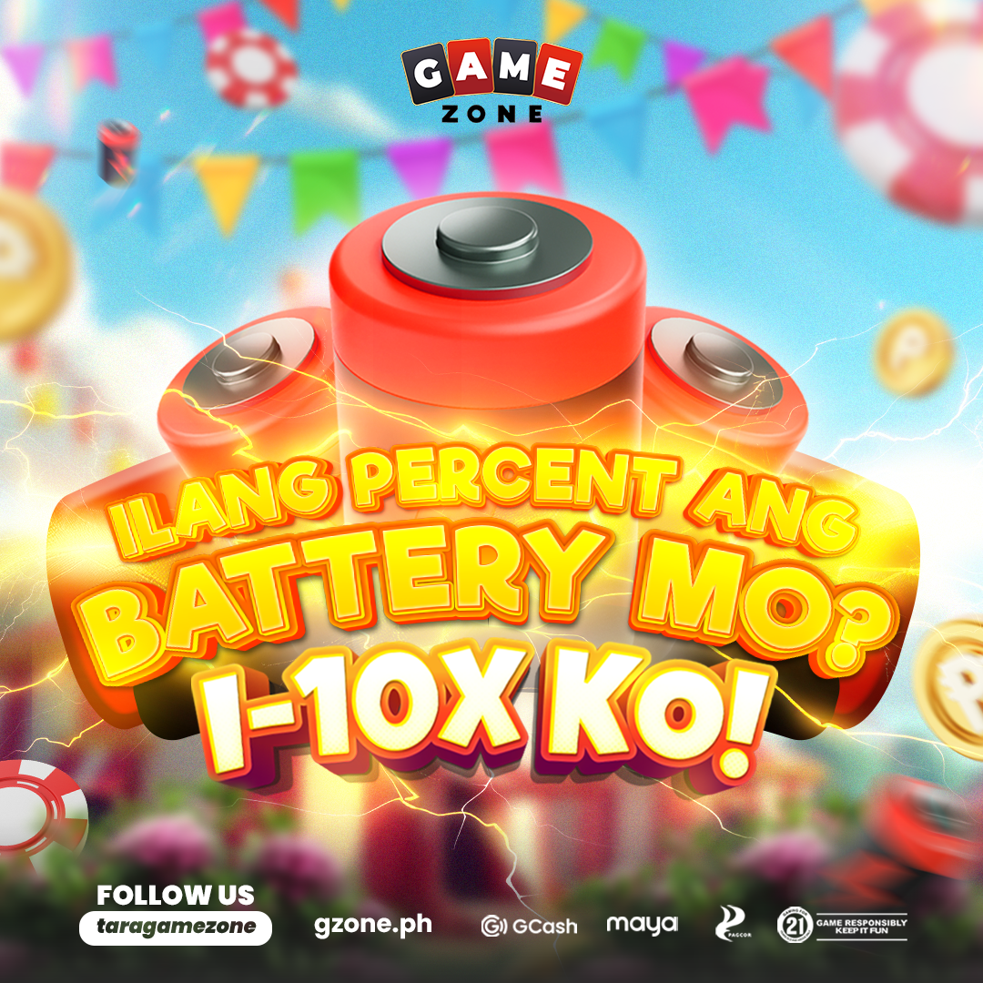 Bright advertisement for a game zone featuring large battery graphic with text in Filipino asking if the battery is 1.10V, surrounded by colorful banners, coins, and lightning effects.