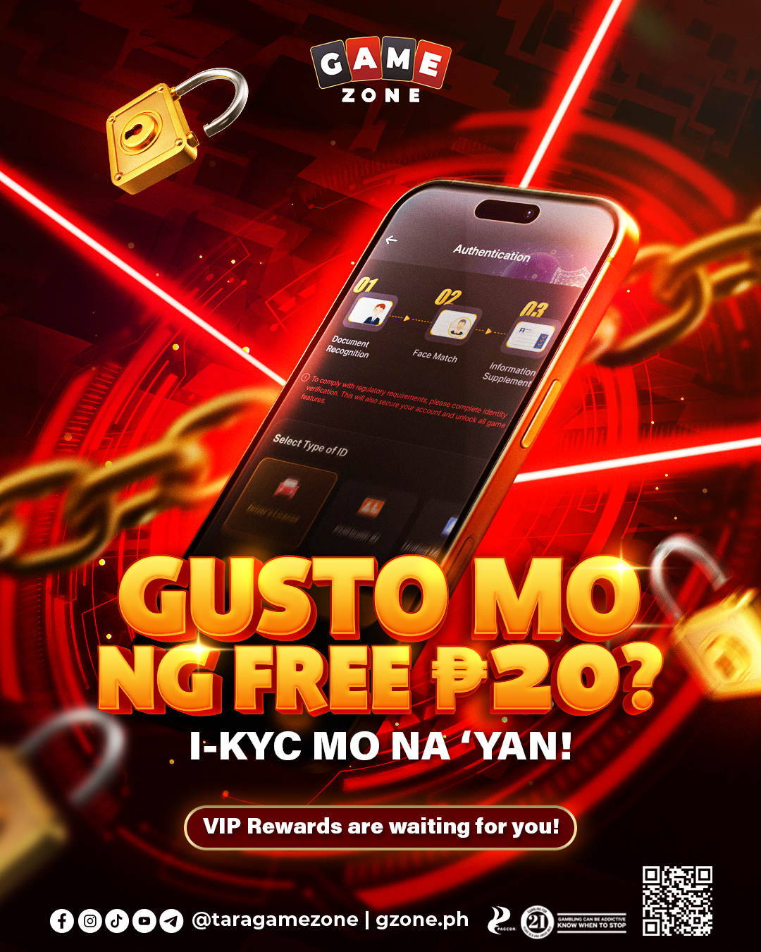 Promotional poster for a game zone offers free PHP 20 rewards for using ID verification, featuring a smartphone showing an authentication app, with locks and neon lights.