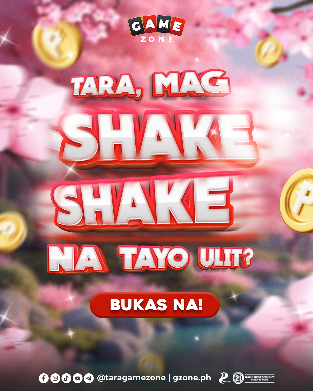 Promotional poster for a mobile game from Tara Mag Game Zone, encouraging players to shake their phones. The background features pink cherry blossoms, gold coins, and sparkles.