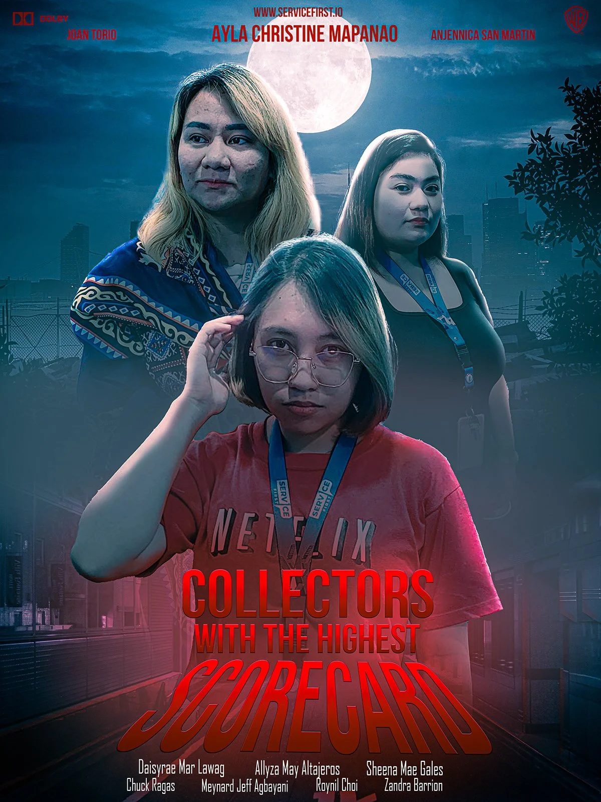 Poster for a film featuring three young women with a cityscape and full moon in the background. Title reads 'Collectors with the Highest Scorecard' with names of cast members listed below.