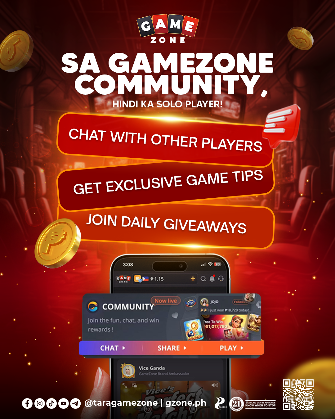 Advertisement for GameZone community, featuring options to chat with players, get game tips, and join giveaways, with a background of a gaming lounge and a smartphone interface showing the app.