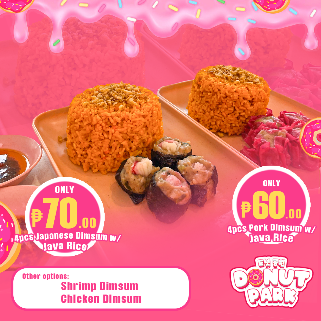 Promotional display of Asian rice and sushi dishes on a pink background, featuring fried rice, sushi rolls with seafood, and pickled vegetables with pricing and menu options in Korean and English.