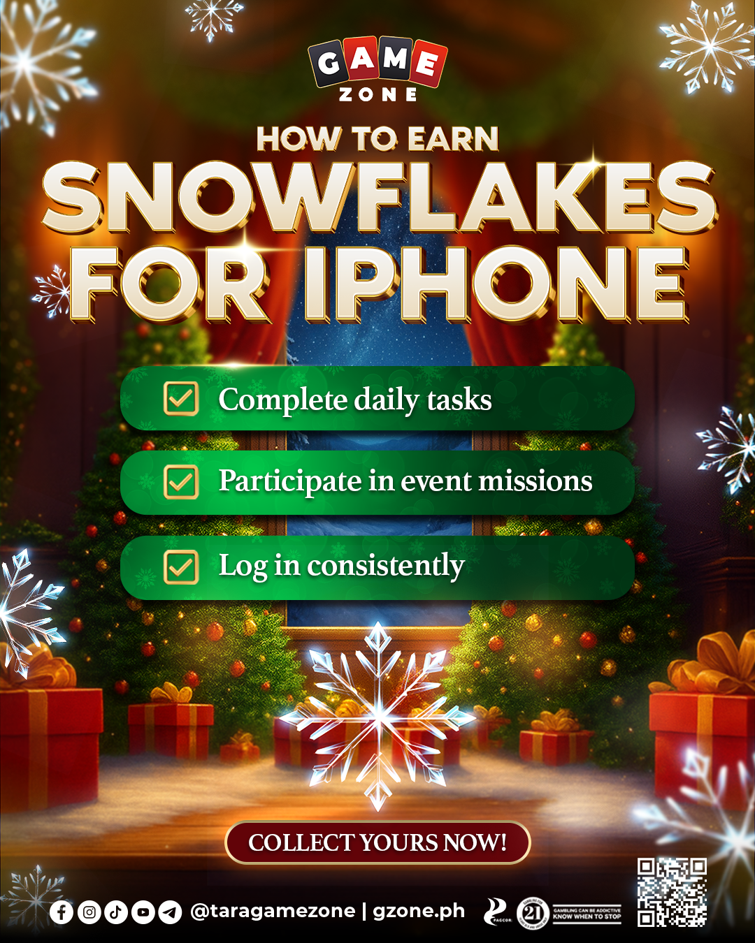 Christmas-themed promotional graphic for a game zone app, detailing how to earn snowflakes by completing tasks, participating in missions, and logging in regularly, with festive decorations and gift boxes in the background.